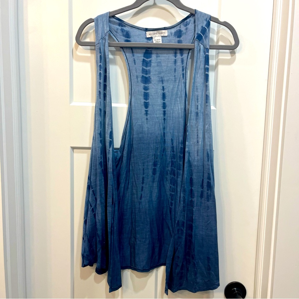 Nomadic Traders Women Sleeveless Cardigan Vest Navy Blue Tie Dye Print Sz Small